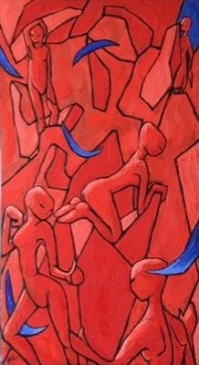 Red & Blue Painting with 5 Figures