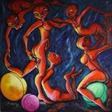 Five Orange Figures with Three Glowing Spheres by Roger Lade, Painting, Oil on Board