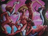 Four Nudes with Towels by Roger Lade, Painting, Oil on Board