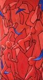 Red & Blue Painting with 5 Figures by Roger Lade, Painting, Oil on Board