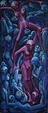 Three Pink Figures Descending Through many Blue Figures by Roger Lade, Painting, Oil on Board